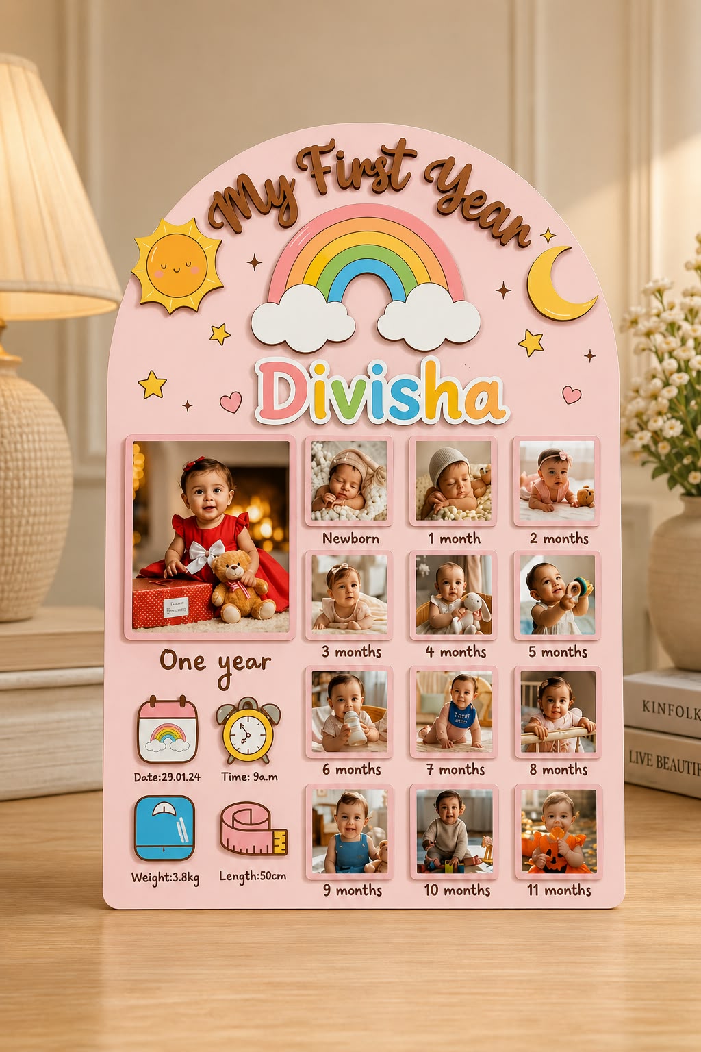 Arch shaped My First Year baby frame with rainbow and birth details