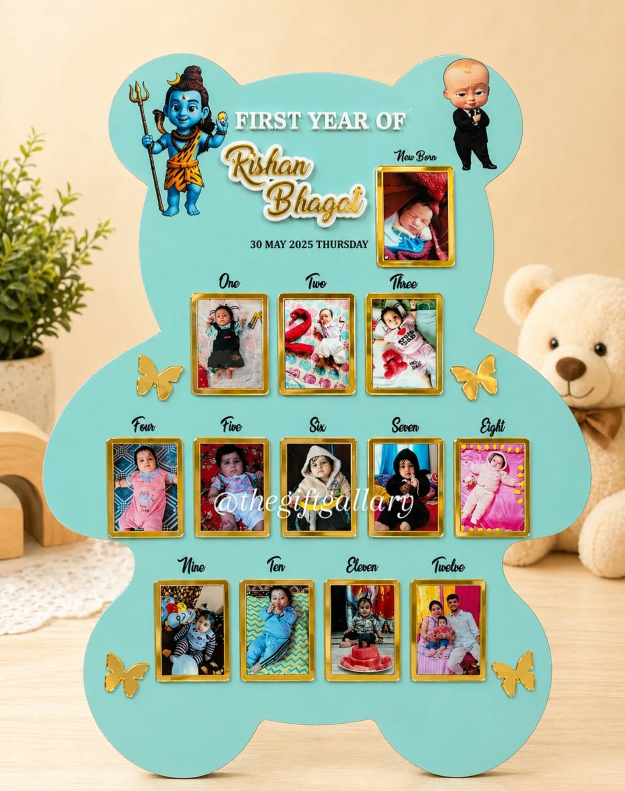 Teddy shaped first year baby photo frame in mint colour